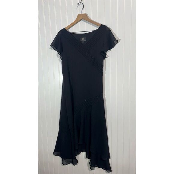 Sandra Darren Women’s Black Evening Midi Dress 12 Beaded Flutter Sleeve Chiffon - Picture 1 of 8